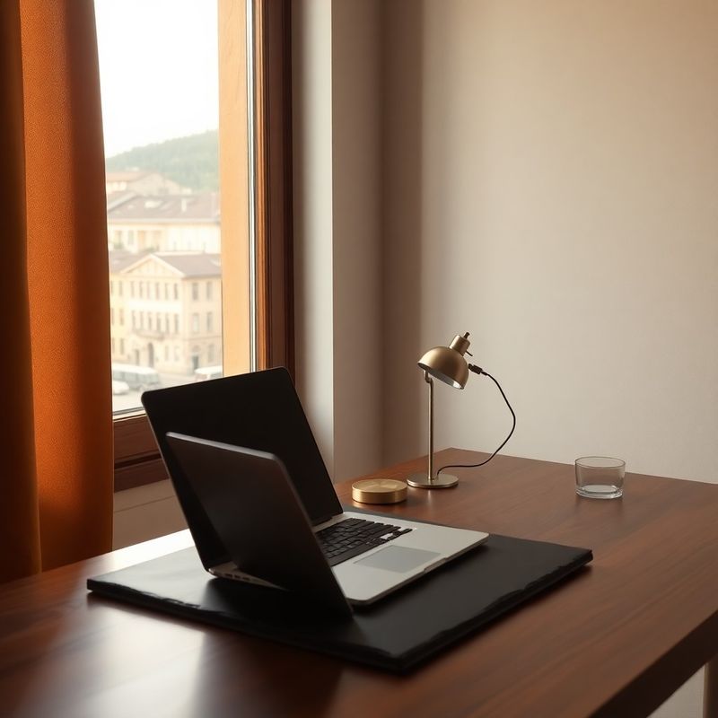 Birou minimalist cu laptop deschis și lampă de alamă în centrul Brașovului